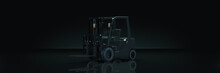 Forklift Truck In Dark Background. 3d Rendering