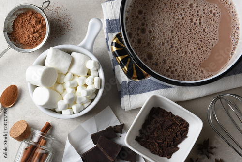 Fotografie, Obraz Overhead shot of the ingredients and tools, for making hot cocoa