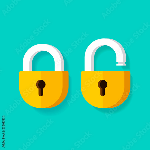 Cuadros en Lienzo Lock open and lock closed vector icons, flat cartoon padlocks design isolated