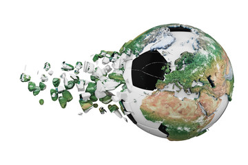 Aufkleber - Crashed broken soccer ball with planet earth globe concept isolated on white background. Football ball with realistic continents.