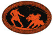 Hercules abducts Cerberus from Hell. Oval medallion isolated on a white background.