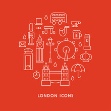 Various Icons Symbolizing England. Line Shape Flat Design Style Vector Graphic Illustration.