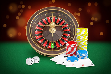Poster - 3d rendering of casino roulette stands on a green felt table with cards, dice and chips placed nearb