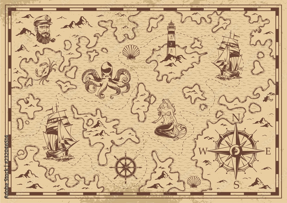 Vintage monochrome old pirate treasure map Stock Vector | Adobe Stock