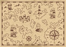 Vintage Monochrome Old Pirate Treasure Map