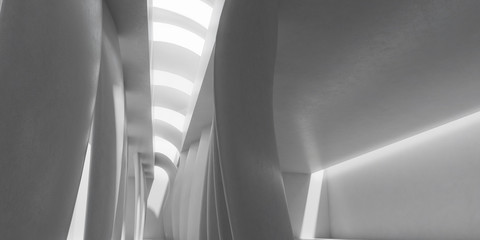 Aufkleber - Abstract of concrete architecture space with rhythm of column and sun light cast shadow on the wall. 3D rendering