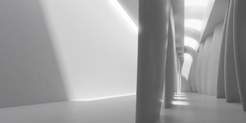 Aufkleber - Abstract of concrete architecture space with rhythm of column and sun light cast shadow on the wall. 3D rendering