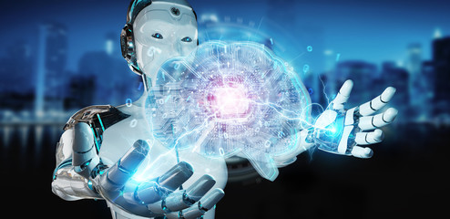 Aufkleber - Robot creating artificial intelligence in a digital brain 3D rendering