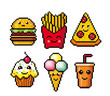 Fast food. Pixel art. Cartoon icons. Vector Illustration isolated on white background. Logo set.