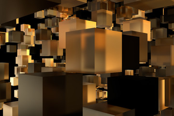 Poster - Abstract 3d rendering of chaotic cubes. Flying shapes in empty space. Dynamic background