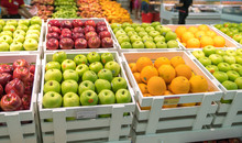 Fresh Healthy Fruits On Shelves In Supermarket