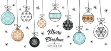 Set Of Hand Drawn Christmas Baubles. Decoration Isolated Elements. Doodles And Sketches Vector Illustration 