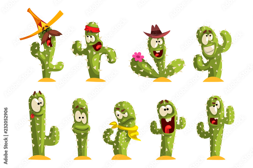 Cactus characters sett, funny cacti with different emotions vector  Illustrations on a white background Stock Vector | Adobe Stock