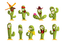 Cactus Characters Sett, Funny Cacti With Different Emotions Vector Illustrations On A White Background
