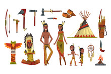 Native American Indians And Traditional Clothes Set, Weapons And Cultural Symbols Vector Illustrations