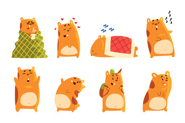 Sticker - Cute cartoon hamster characters set, funny animal showing various actions and emotions vector Illustrations