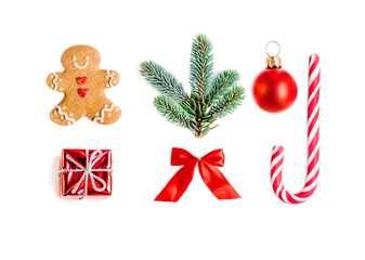 christmas collection with gifts, fir tree, gingerbread man cookie and ornaments isolated on white ba