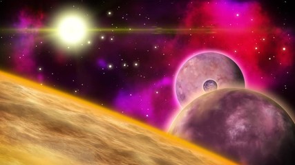 Wall Mural - Rotating planets in the deep space with twinkling stars and nebulae. Loop.