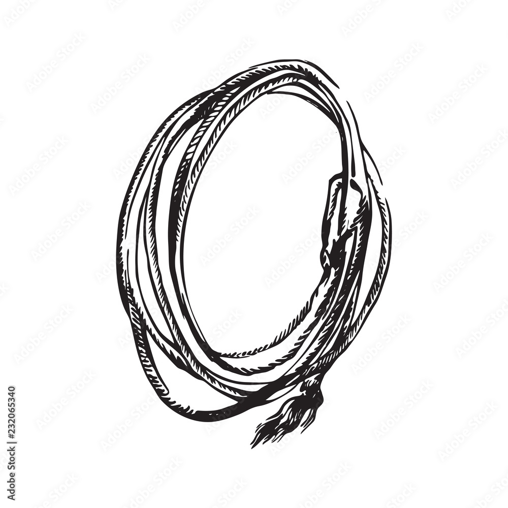 Hand drawn lasso rope. Rodeo cowboy props vector illustration. Black isolated on white background - obrazy, fototapety, plakaty 