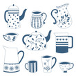 Doodle hand drawn blue porcelain china teapot and cups. Vector design.