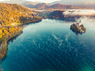 Sticker - Colorful autumn at lake Bled in Slovenia at sunrise