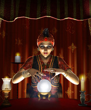 Mystic Female Gypsy Fortune Teller With A Lighted Crystal Ball