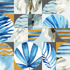 Wall Mural - Abstract geometric seamless pattern: tropical leaves, waves, stripes, semicircles, circles, squares, grunge, grained, paper, marble, watercolor textures, doodles.