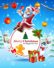 christmas card with santa claus and tree