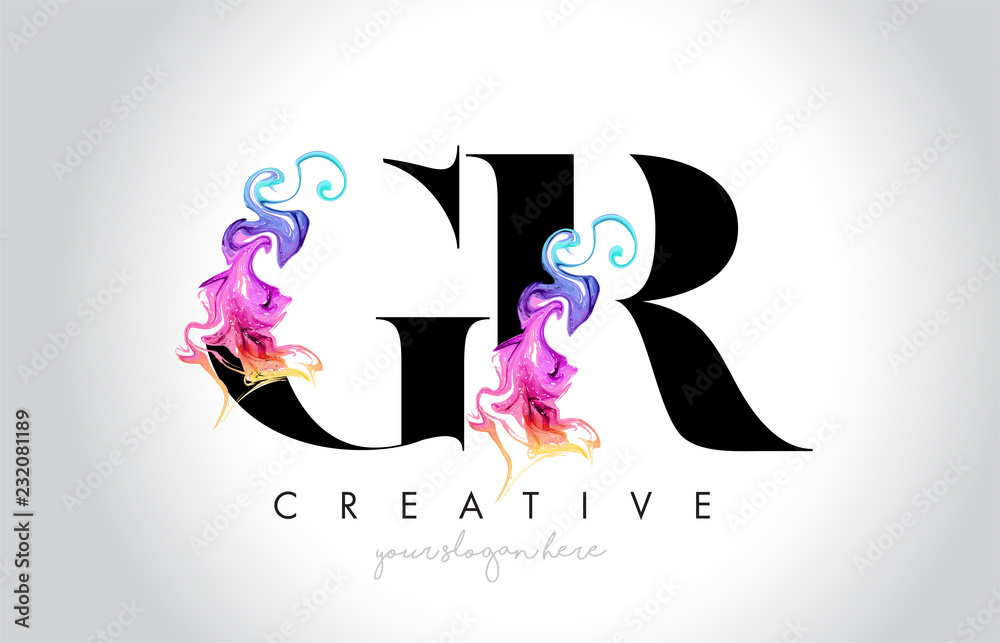 GR Vibrant Creative Leter Logo Design with Colorful Smoke Ink Flowing Vector - obrazy, fototapety, plakaty 