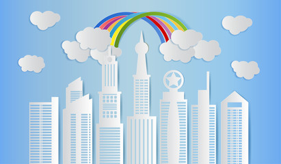Wall Mural - Skyscraper with clouds and rainbow on blue sky, Modern city skyline building, Paper art style. Vector illustration