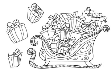 Christmas gifts on a Santa's sleigh. Lots of gift boxes in doodle style. Design for coloring, easy to change colors, gifts are separated.