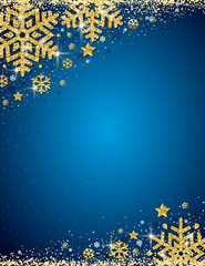 Wall Mural - Blue christmas background with frame of gold glittering snowflakes, vector illustration