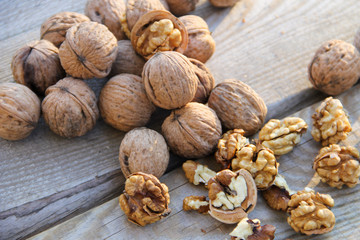 Walnuts on wooden table