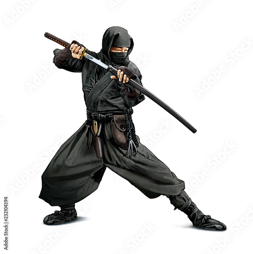 Cuadros en Lienzo Illustration couleurs d'un guerrier Ninja armé d'un sabre Katana