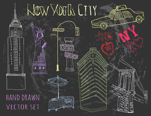 Hand drawn New York city elements. Chalk style vector set