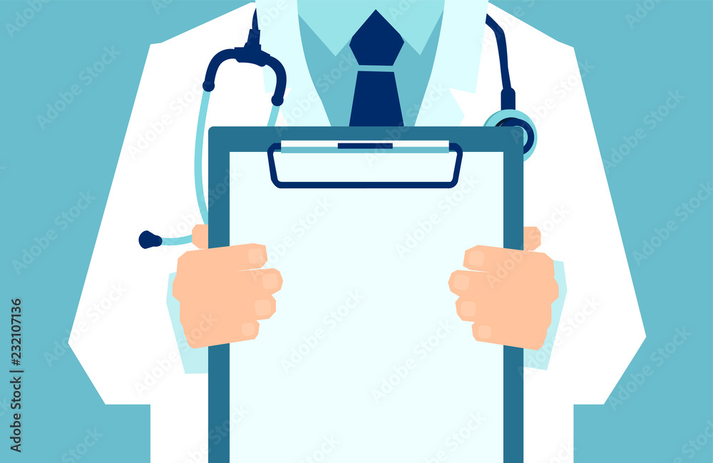 Vector of a doctor with lab coat holding a clipboard showing a blank document. - obrazy, fototapety, plakaty 