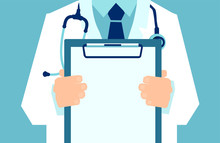 Vector Of A Doctor With Lab Coat Holding A Clipboard Showing A Blank Document.