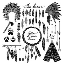 Feather Bohemian Elements On Dark Background. Vector Decorated Feathers Graphic Set