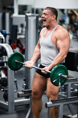 athletic man trains in the gym. Training biceps with a barbell