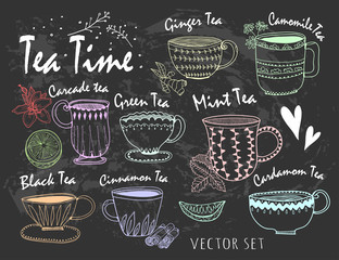 Canvas Print - Hand drawn graphic tea cups. Various sorts of tea. Colored vector set. Chalk style