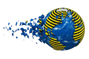 Aufkleber - Broken crashed planet Earth globe isolated on white background. Striped police warning safety ribbon. 3d render with maps NASA.