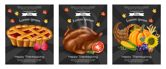 Wall Mural - Happy thanksgiving turkey, pie menu templates Vector. 3d detailed food illustrations