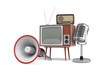 © gearstd - 3d rendering of several isolated pieces of vintage equipment: a megaphone, a TV set, a radio and a microphone.