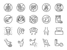Allergies Icon Set. Included The Icons As Allergic Diseases, Dust Allergy, Food Allergy, Rhinitis, Sinus Infection, Asthma And More.