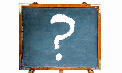 Fototapete - Question mark white sign drawing on a blue old grungy vintage wooden chalkboard or blackboard with frame and stand isolated on white background.