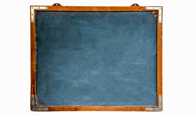 Fototapete - Blue old grungy vintage wooden empty chalkboard or retro blackboard with weathered frame isolated on seamless white background. Concept for education with empty space for text.