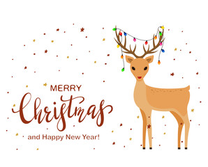 Sticker - Cute Deer and Lettering Merry Christmas