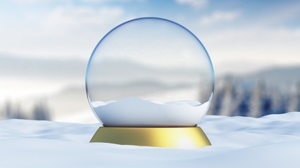 Snow globe with a wooden base in a winter Christmas style landscape. 3d rendering