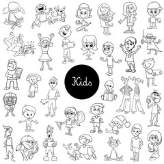 Wall Mural - comic kids characters black and white set