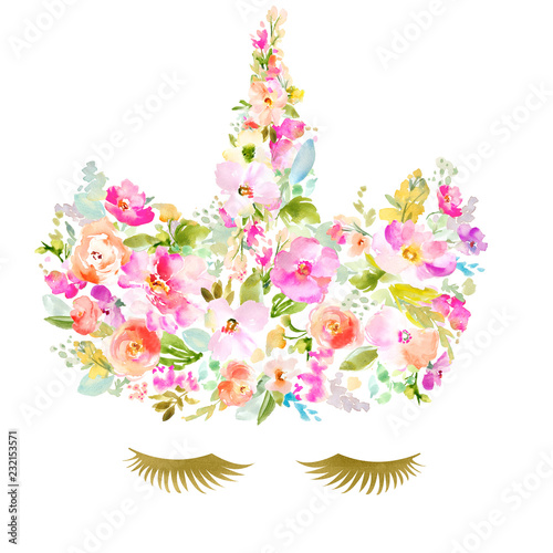 Watercolor Unicorn. Floral Unicorn Face